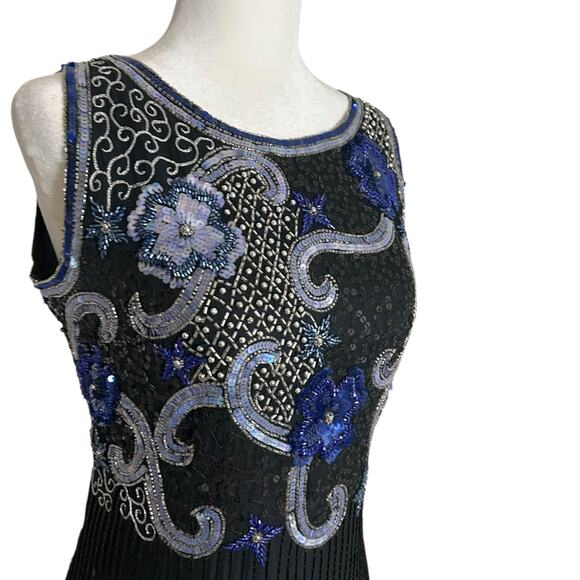 Scala Beaded Dress Sequin Embelished Floral Event Cocktail Black Medium - Picture 4 of 8